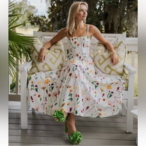 ANTONIO MELANI White Floral Midi Dress with Spaghetti Straps and Full Skirt